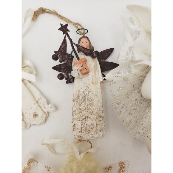 Lot Of 4 Angel Ornaments Christmas Ornaments Fabric & Resin Bunny Rabbit Sweet - Picture 3 of 6